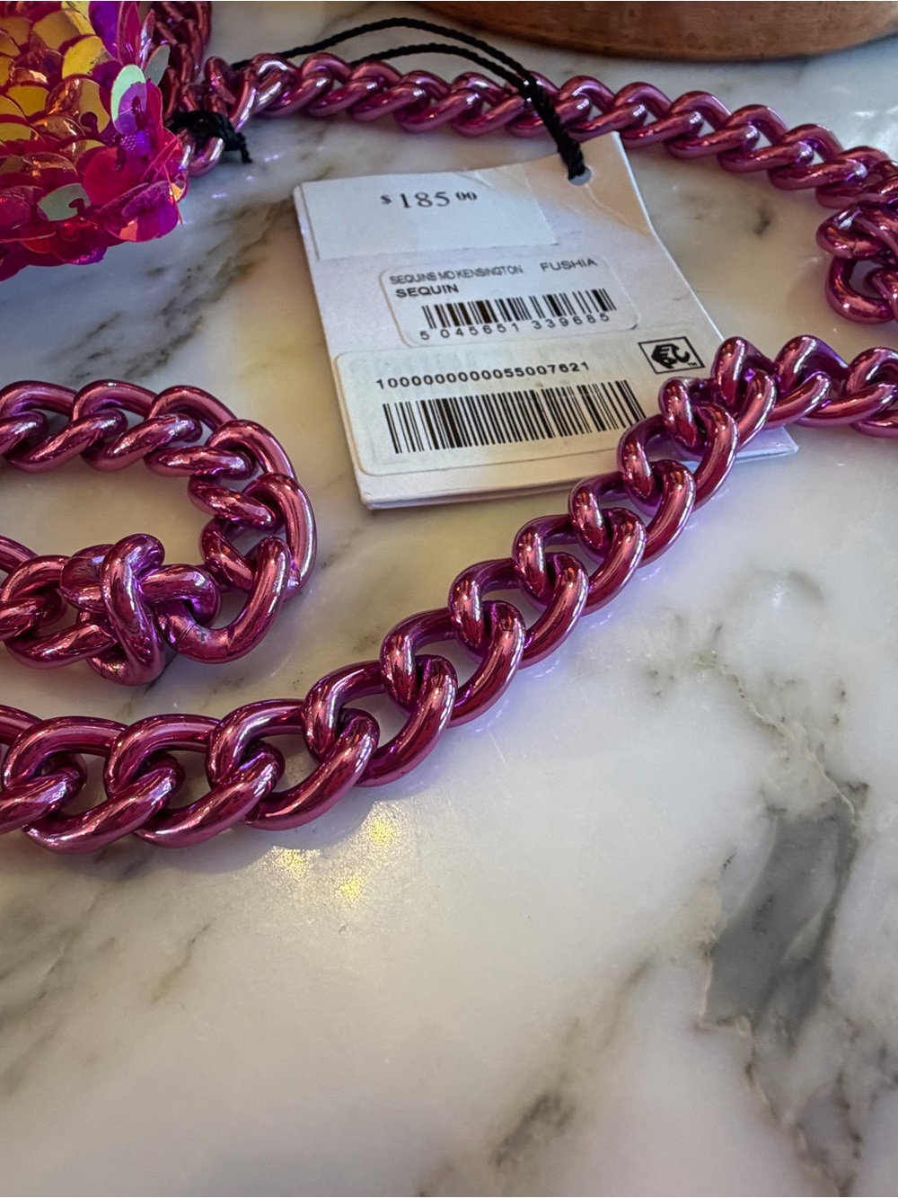 Kurt Geiger Kensington Fuchsia Pink and Gold Sequin Chain Crossbody Bag - Picture 12 of 13